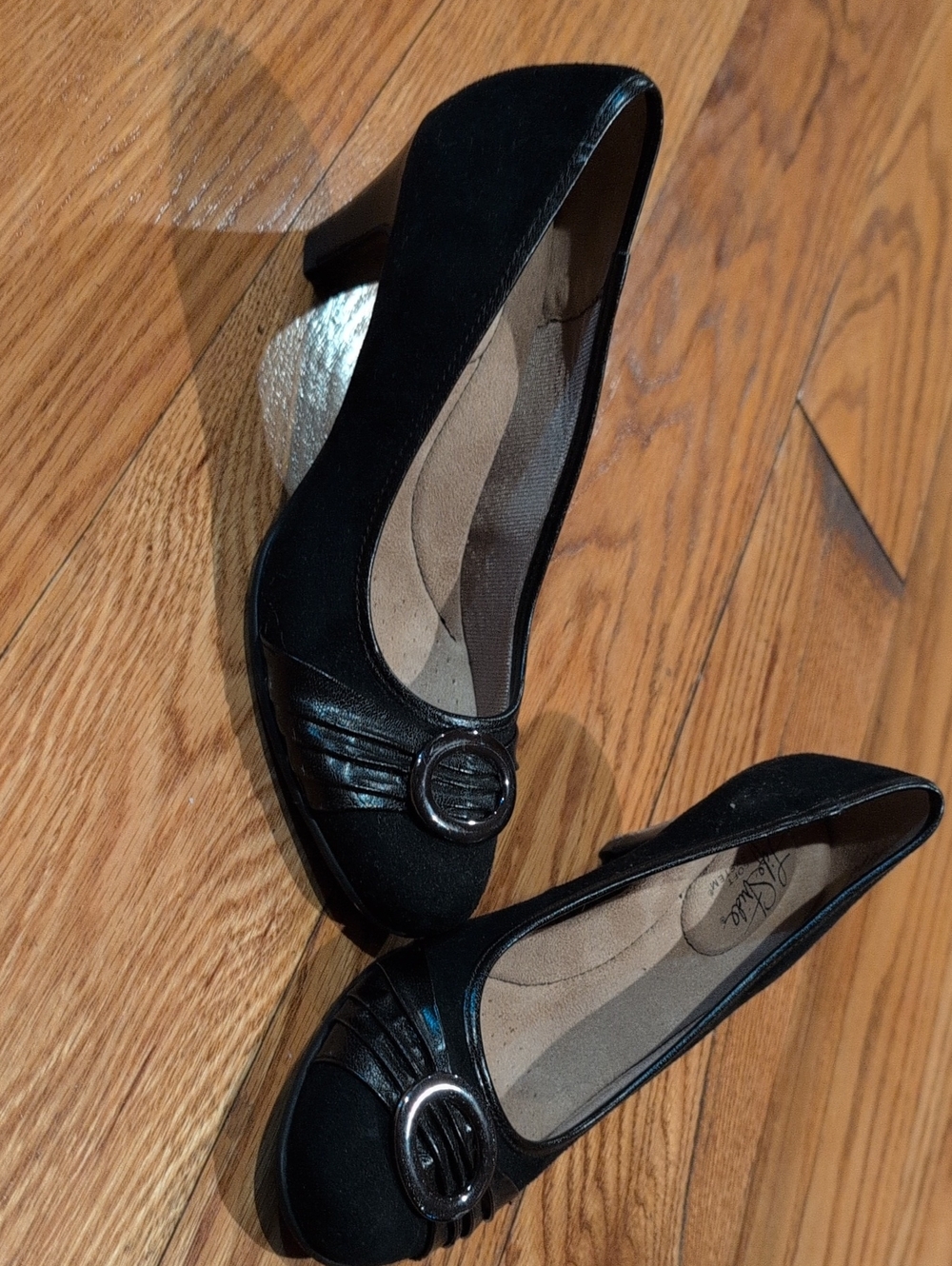 Life Stride Black Mid-Heel Pumps with Decorative Round Buckle